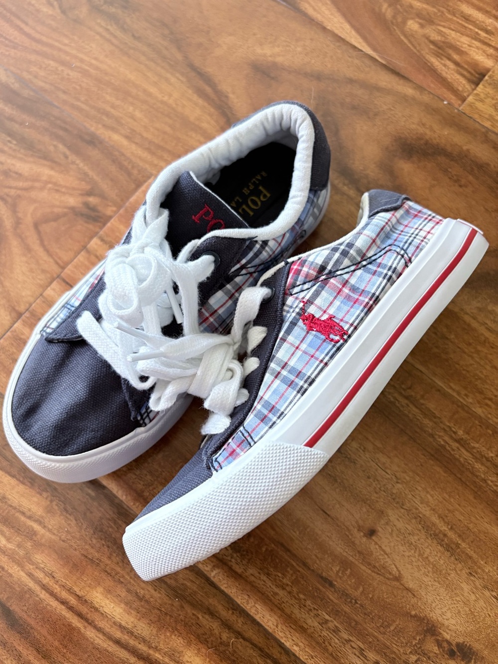 Ralph Lauren Polo Little Kids Navy & Red Plaid Canvas Logo Sneakers 13 Shoes